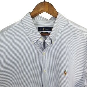 Polo Ralph Lauren Mens XXL Slim Fit Stretch Oxford Striped Flesh Pony Shirt Blue